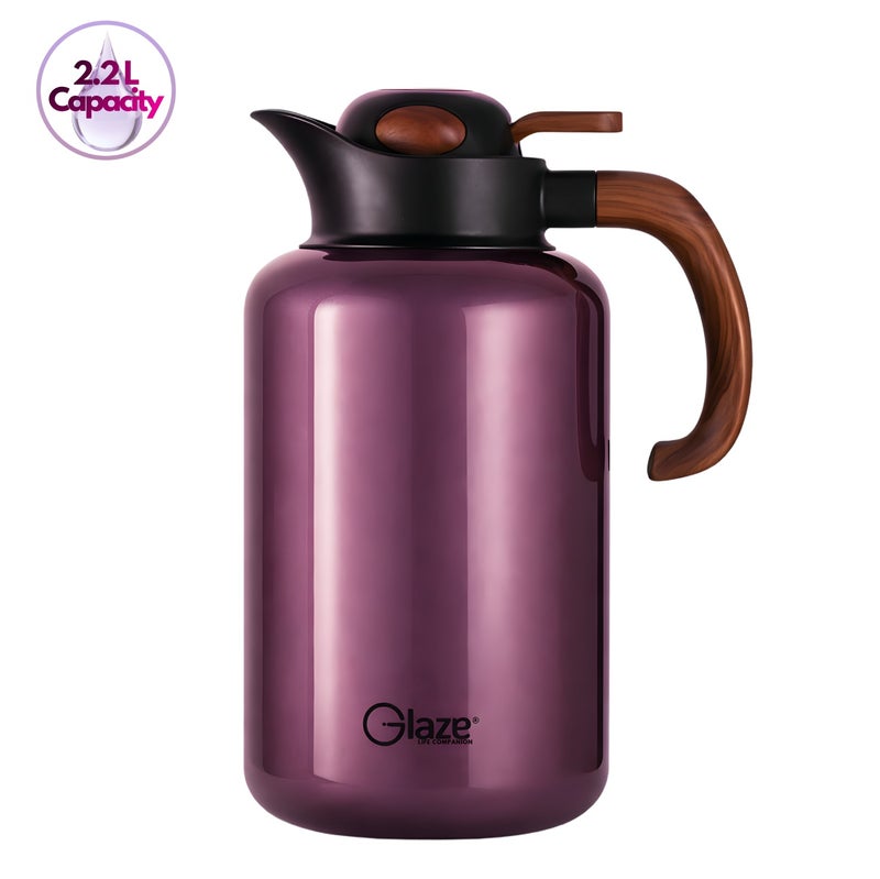 جليز إبريق حراري للقهوة والشاي بسعة 2.2 لتر، ترمس بعزل من الستانلس ستيل 304، يحافظ على المشروبات ساخنة وباردة لساعات، غطاء مانع للتسرب، تصميم أنيق بمقبض خشبي للاستخدام في المنزل، المجلس والضيافة – بنفسجي - Image 1